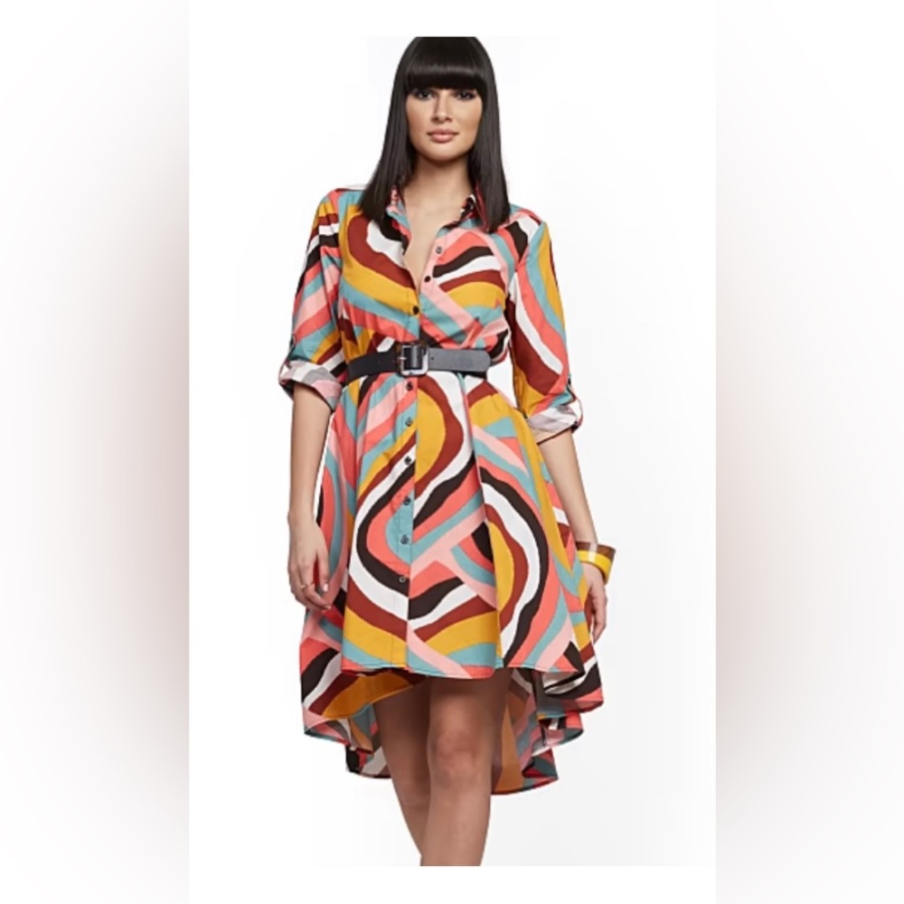 New York & Company Multicolor Print Hi Lo ShirtDress Size- XS fit like a Med
